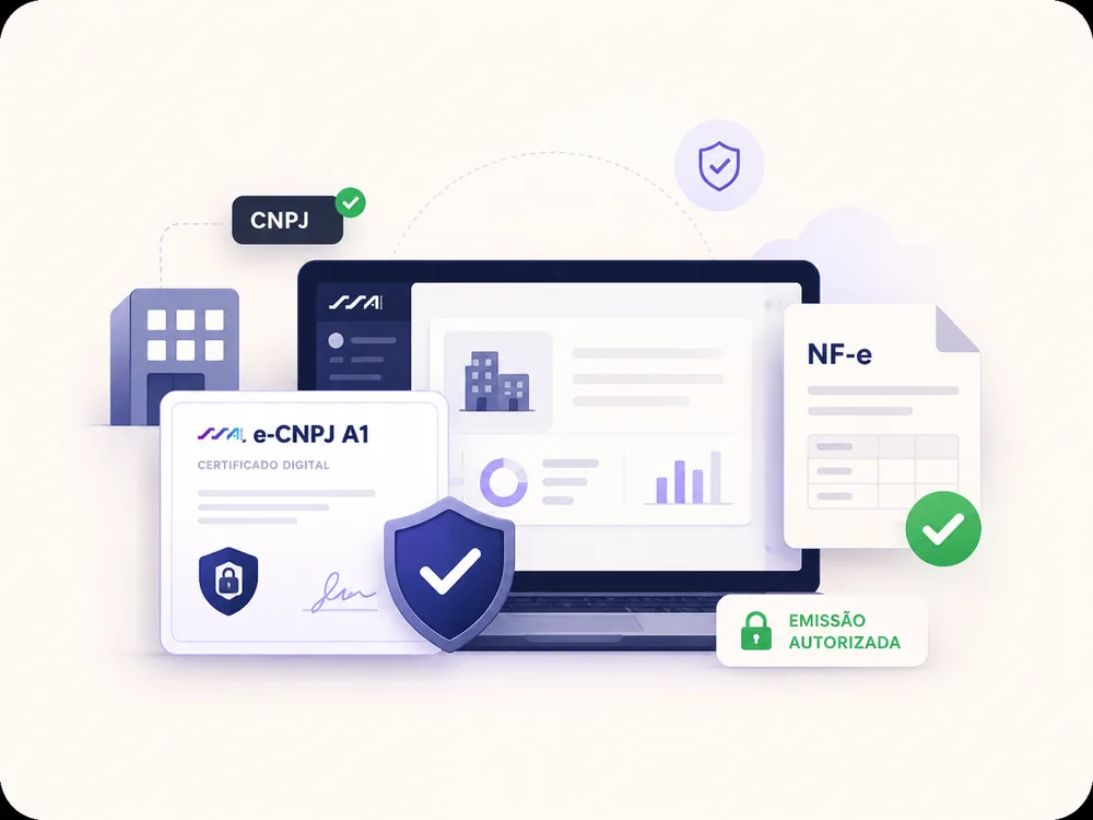 Ilustração de e-CNPJ A1 para emissão de nota fiscal com certificado digital, documento NF-e e confirmação de segurança