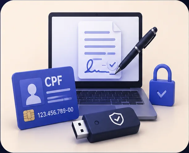 Ilustração de e-CPF A1 com assinatura digital, CPF, notebook e proteção de dados